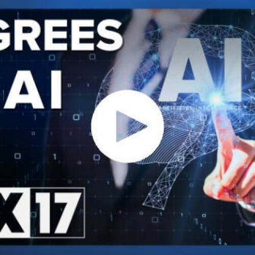 A screen displays "Degrees in AI and FOX 17".